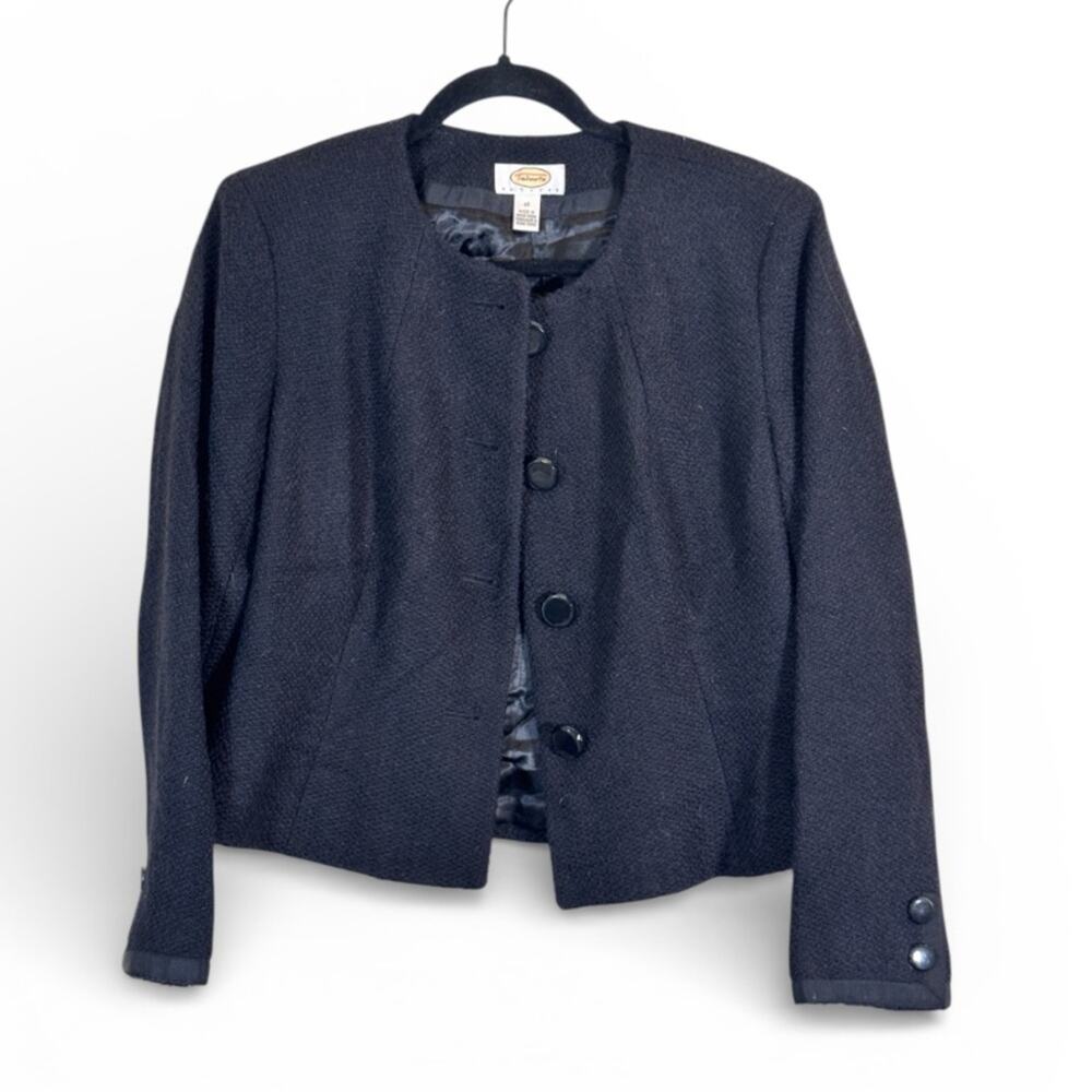 Talbots Black Tweed Blazer Jacket Womens 12P Dark Academia Old Money Retro Glam